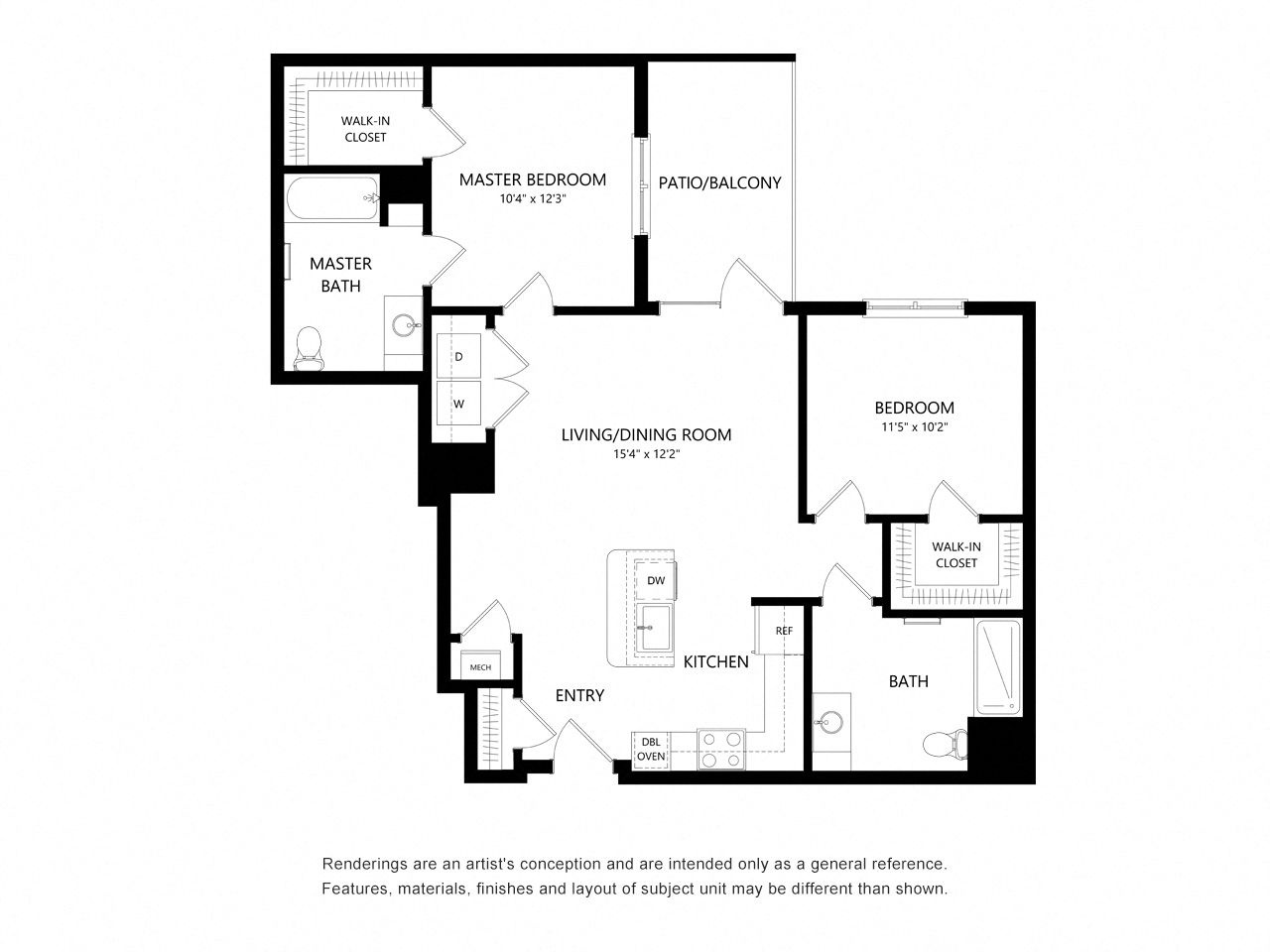 Floor plan for 2 beds, 2 baths, 1096 sqft